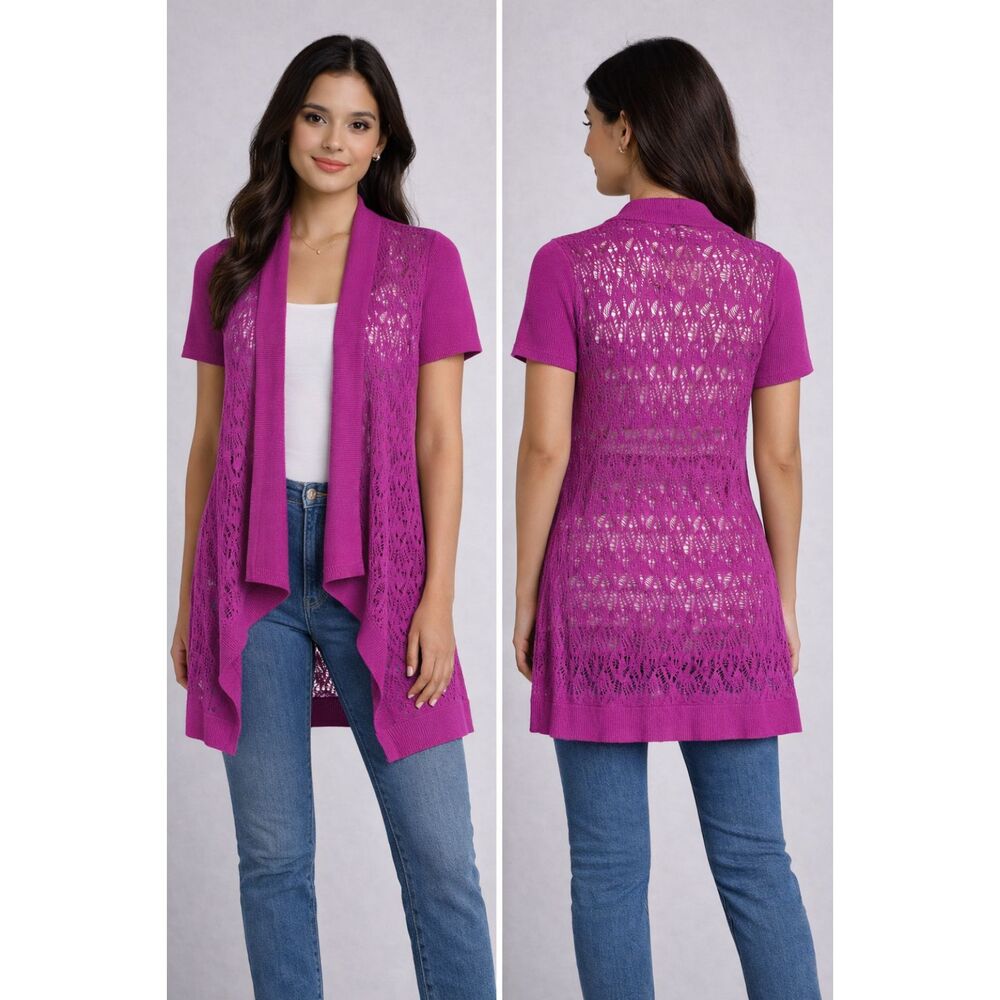 100% Linen Open Front Open Knit Lace Pattern Magenta Short Sleeve M Cardigan